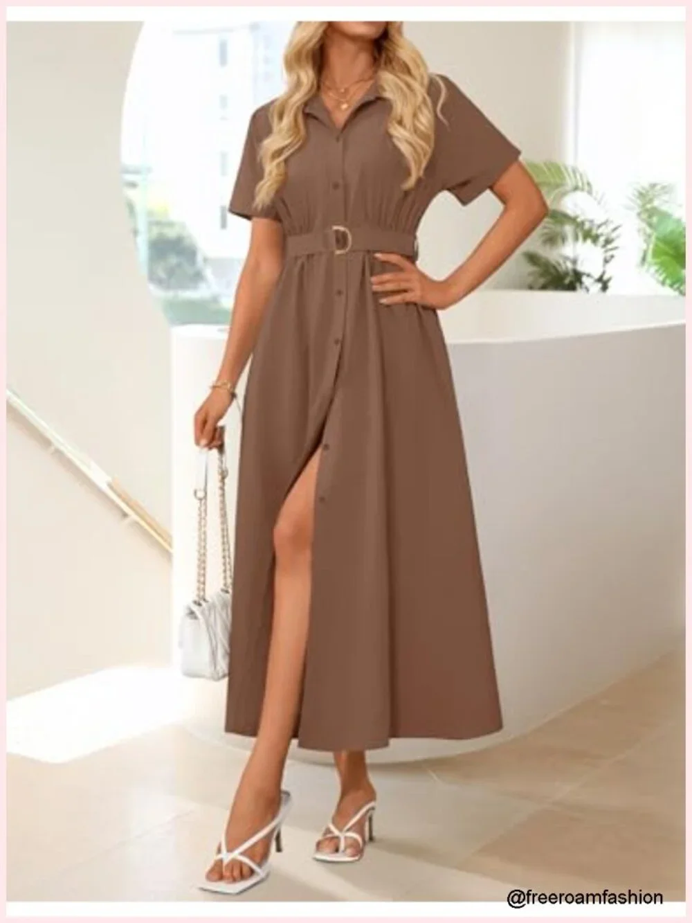Short Sleeve Midi Dress with Pockets, Button Down, A-Line, Belt, Business Casual